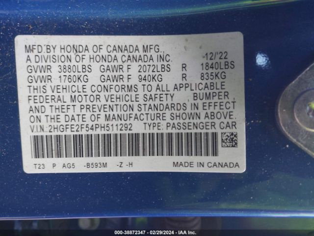 2HGFE2F54PH511292 Honda Civic Sport
