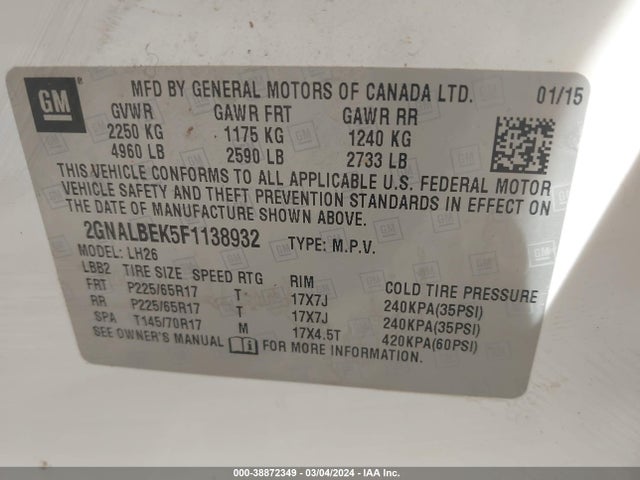 Chevrolet EQUINOX 1LT 2015 2GNALBEK5F1138932 Image 9