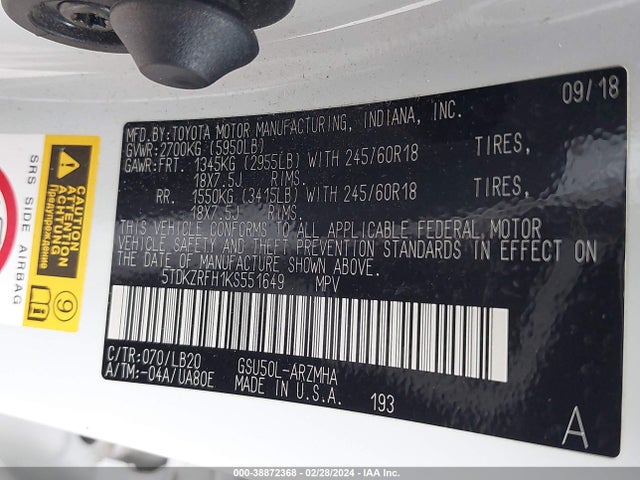 Toyota Highlander Xle 2019 5TDKZRFH1KS551649 Image 9