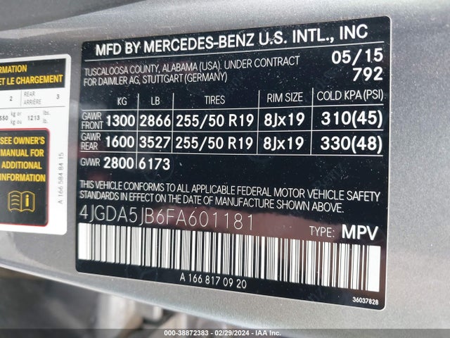 2015 MERCEDES-BENZ ML 350 VIN: 4JGDA5JB6FA601181