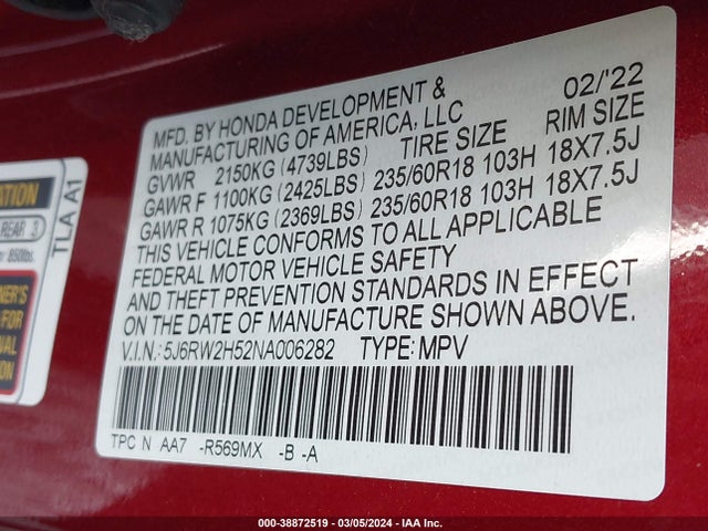 Honda Cr-v Awd Ex 2022 5J6RW2H52NA006282 Image 9
