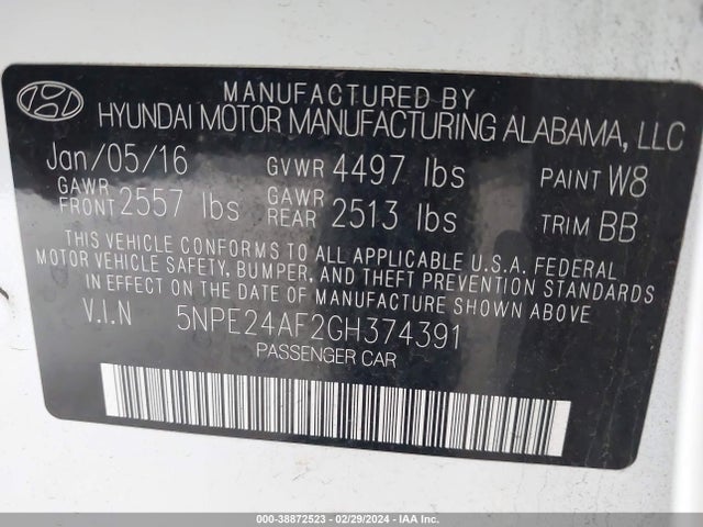 Hyundai SONATA SE 2016 5NPE24AF2GH374391 Image 9