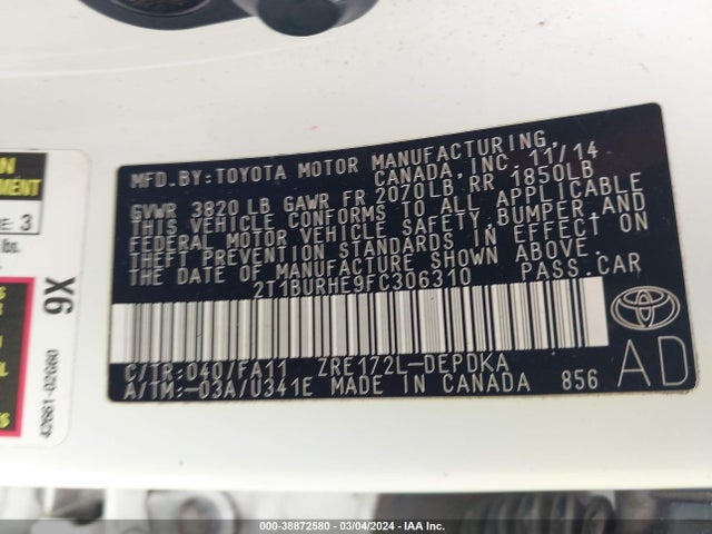 Toyota COROLLA L 2015 2T1BURHE9FC306310 Image 9