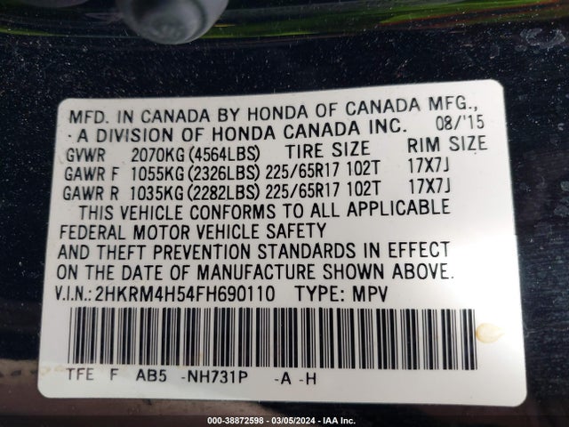 Honda CR-V EX 2015 2HKRM4H54FH690110 Image 9