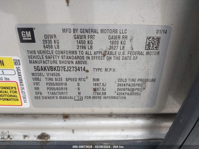 5GAKVBKD7EJ273414 Buick Enclave Leather