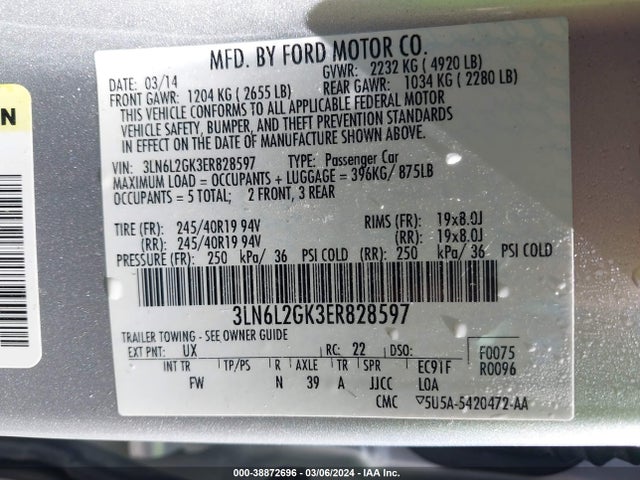 Lincoln MKZ 2014 3LN6L2GK3ER828597 Image 9