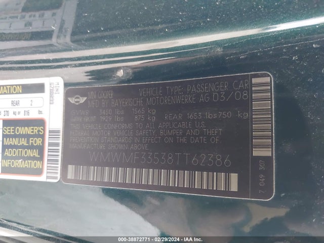2008 MINI COOPER WMWMF33538TT62386 Photo 8