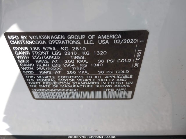1V2WR2CA6MC500201 Volkswagen Atlas 3.6l V6 Se W/technology
