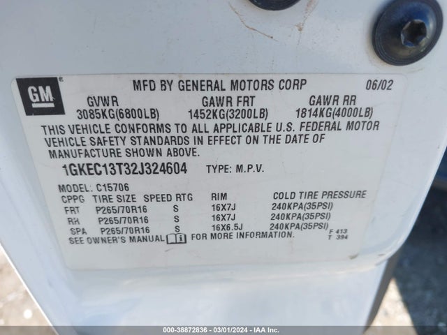 2002 GMC YUKON SLE VIN: 1GKEC13T32J324604