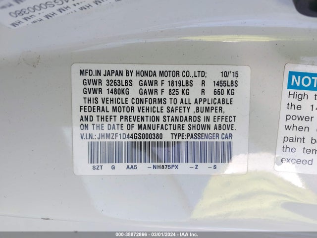 Honda Cr-z Lx 2016 JHMZF1D44GS000380 Image 9
