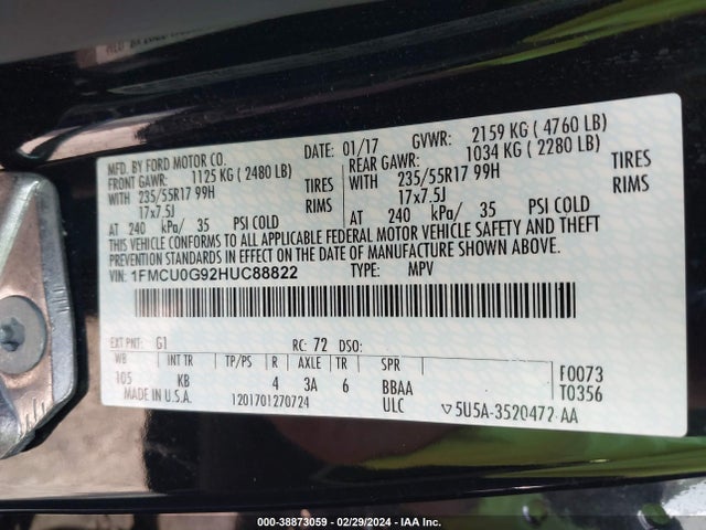 Ford ESCAPE SE 2017 1FMCU0G92HUC88822 Image 9