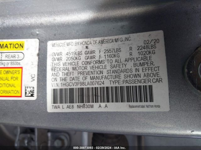 1HGCV3F98LA007624 Honda Accord Hybrid Touring