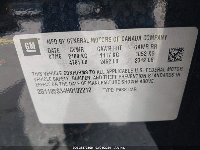 Chevrolet IMPALA 1LT 2017 2G1105S34H9102212 Image 9