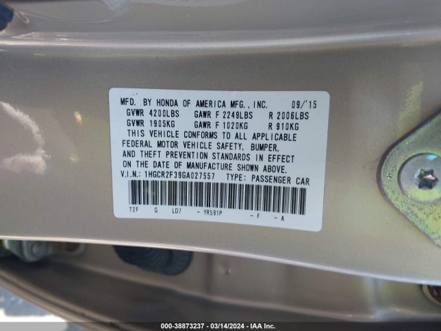 Honda ACCORD LX 2016 1HGCR2F39GA027557 Image 9