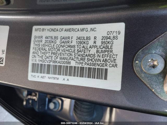 1HGCV2F98KA030586 Honda Accord Touring 2.0t