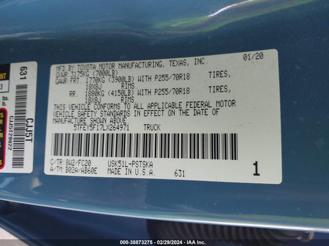 Toyota Tundra Sr5 2020 5TFEY5F17LX264971 Image 9