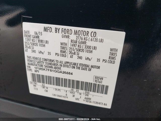 Ford Explorer Limited 2016 1FM5K7F81GGA26884 Image 9