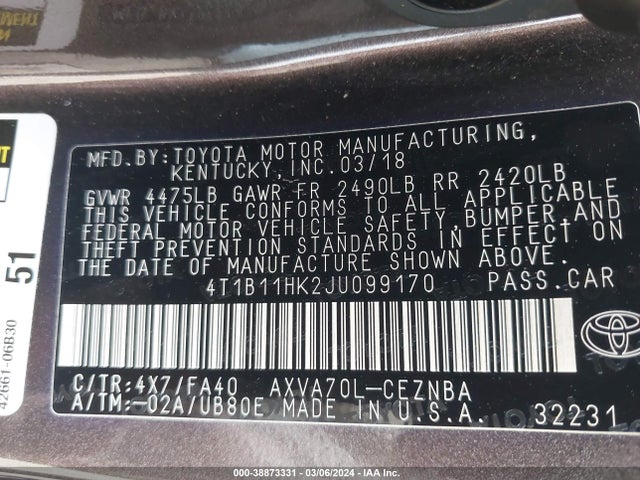 Toyota CAMRY LE 2018 4T1B11HK2JU099170 Image 9