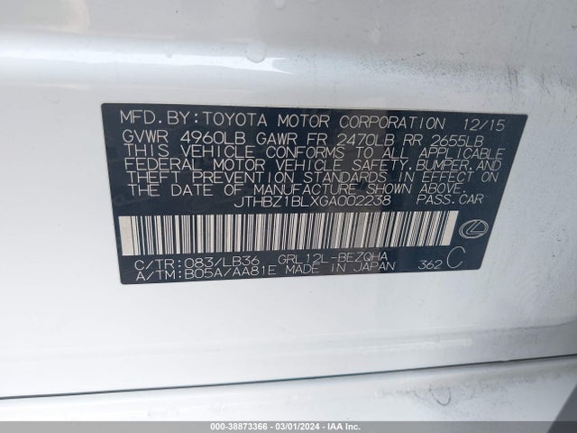 JTHBZ1BLXGA002238 Lexus Gs 350 F Sport