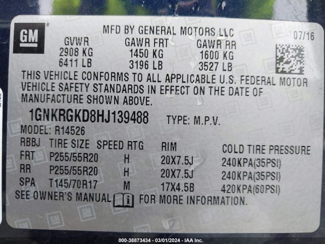 Chevrolet Traverse 1lt 2017 1GNKRGKD8HJ139488 Image 9