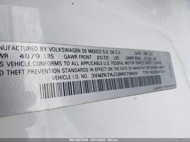 38873446 :رقم المزاد ، 3VW2K7AJ1BM379400 vin ، 2011 Volkswagen Jetta 2.0l S مزاد بيع
