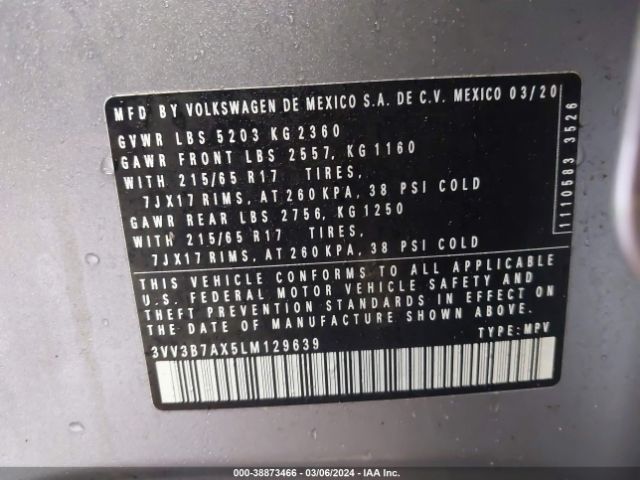 3VV3B7AX5LM129639 Volkswagen Tiguan 2.0t Se/2.0t Se R-line Black/2.0t Sel