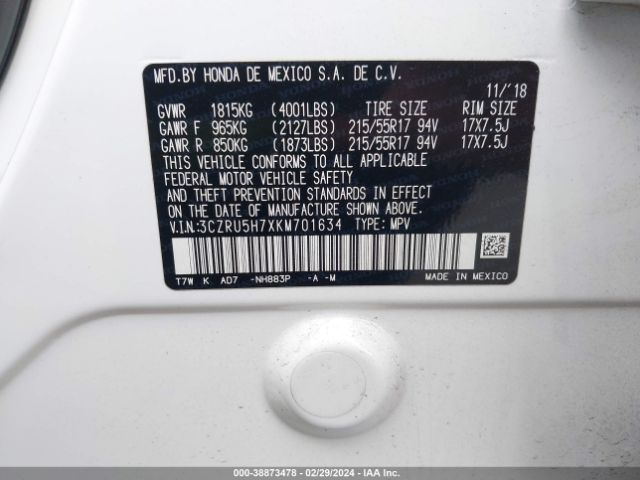 3CZRU5H7XKM701634 Honda Hr-v Ex-l