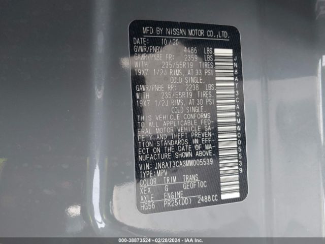 JN8AT3CA3MW005539 Nissan Rogue Sl Fwd