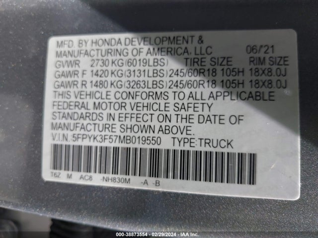 Honda Ridgeline Awd Rtl 2021 5FPYK3F57MB019550 Image 9