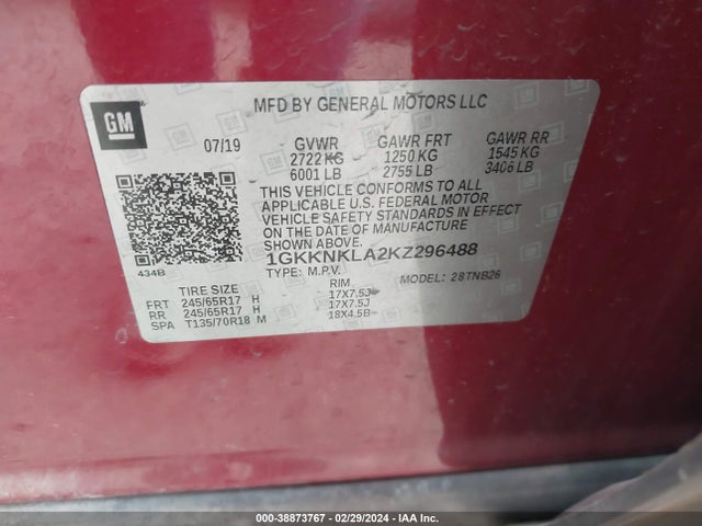 38873767 :رقم المزاد ، 1GKKNKLA2KZ296488 vin ، 2019 Gmc Acadia Sle-1 مزاد بيع