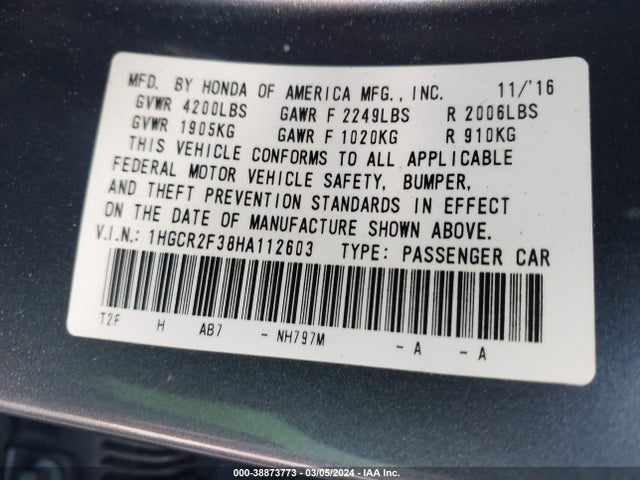 Honda ACCORD LX 2017 1HGCR2F38HA112603 Image 9