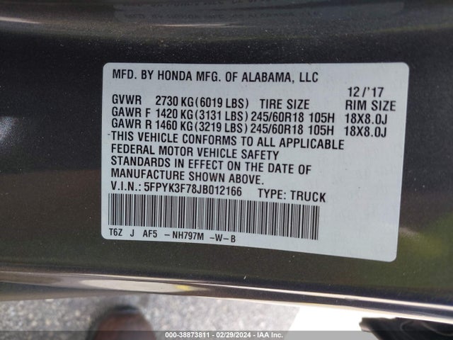 Honda Ridgeline Rtl-e 2018 5FPYK3F78JB012166 Image 9
