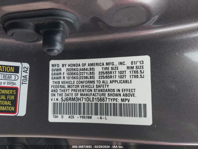 2013 HONDA CR-V EX-L VIN: 5J6RM3H71DL015667