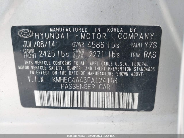 2015 HYUNDAI SONATA HYBRID LIMITED VIN: KMHEC4A43FA124154
