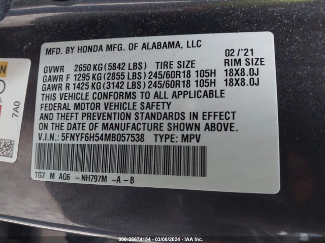Honda Pilot Awd Ex-l 2021 5FNYF6H54MB057538 Image 9