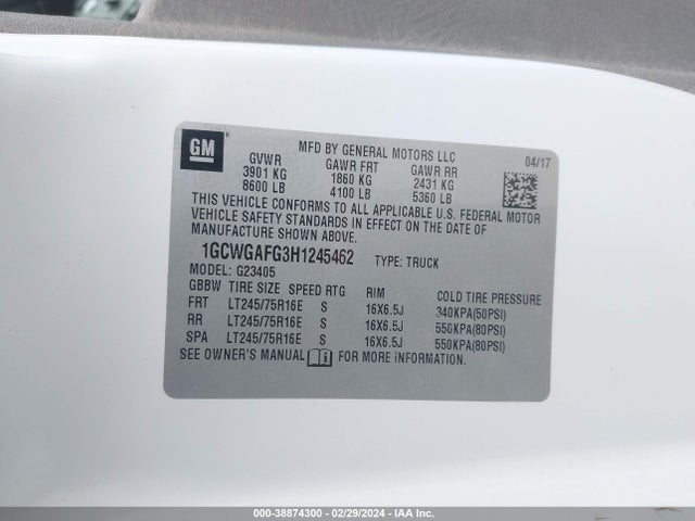 Chevrolet Express 2500 Work Van 2017 1GCWGAFG3H1245462 Image 9