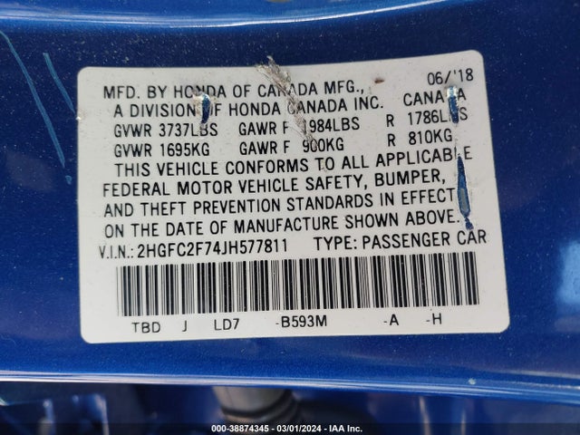 Honda CIVIC EX 2018 2HGFC2F74JH577811 Image 9