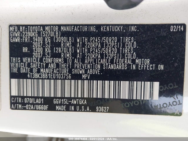 Toyota Venza Limited V6 2014 4T3BK3BB1EU103756 Image 9