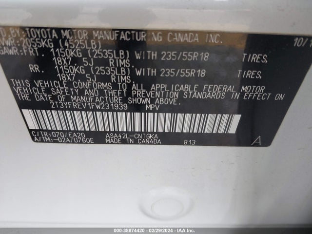 Toyota Rav4 Limited 2015 2T3YFREV1FW231939 Image 9