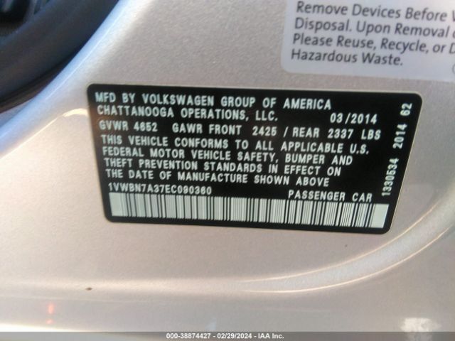 1VWBN7A37EC090360 Volkswagen Passat 2.0l Tdi Se