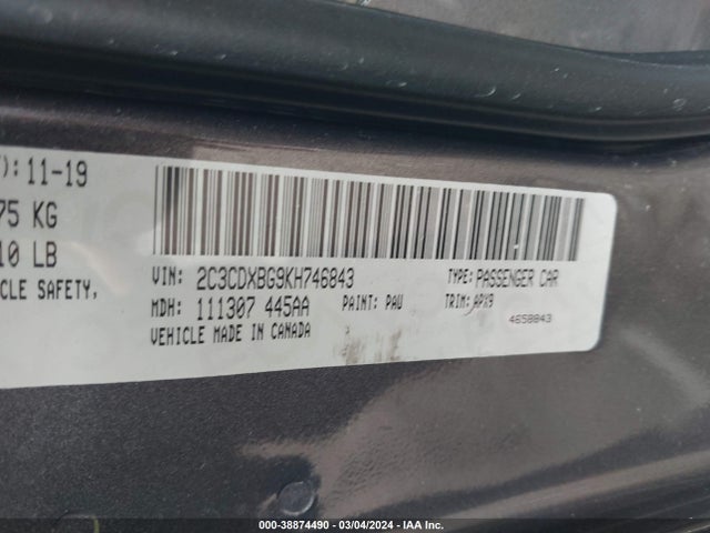 38874490 :رقم المزاد ، 2C3CDXBG9KH746843 vin ، 2019 Dodge Charger Sxt Rwd مزاد بيع