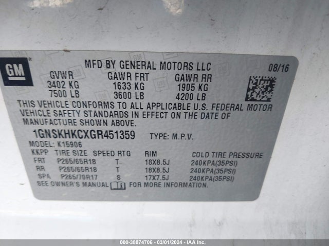 Chevrolet Suburban Lt 2016 1GNSKHKCXGR451359 Image 9