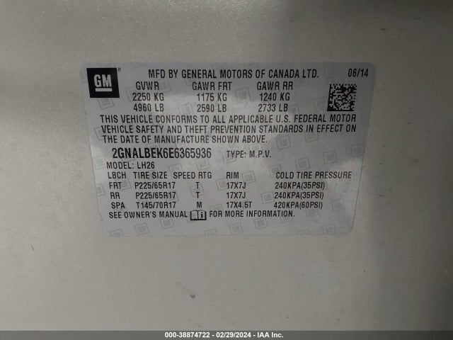 Chevrolet EQUINOX 1LT 2014 2GNALBEK6E6365936 Image 9