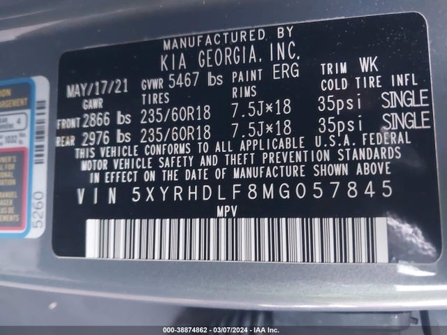 KIA SORENTO EX 2021 5XYRHDLF8MG057845 Image 9