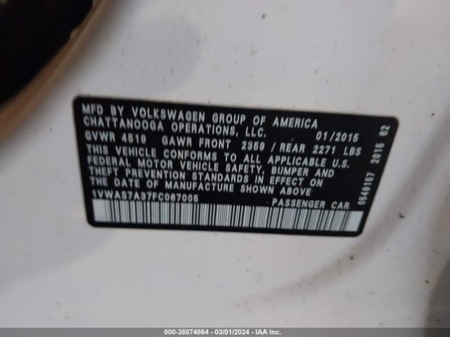 1VWAS7A37FC067005 Volkswagen Passat 1.8t Wolfsburg Edition