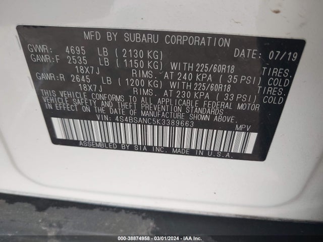 Subaru na u5 2019 4S4BSANC5K3389663 Image 9