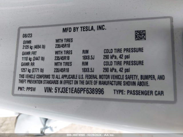 Tesla Model 3 Rear-wheel Drive 2023 5YJ3E1EA6PF638996 Image 9