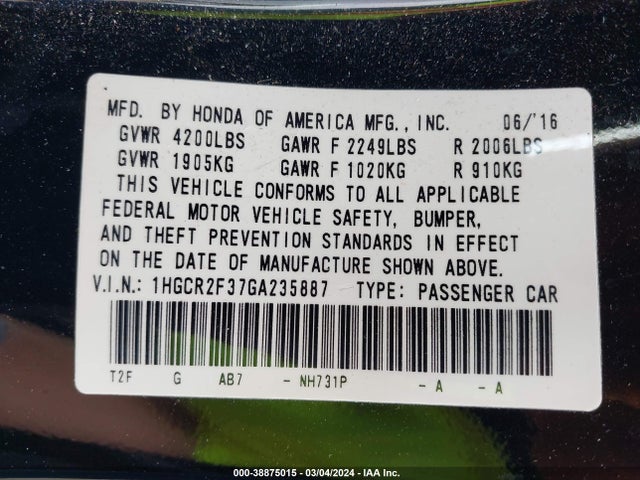 Honda ACCORD LX 2016 1HGCR2F37GA235887 Image 9