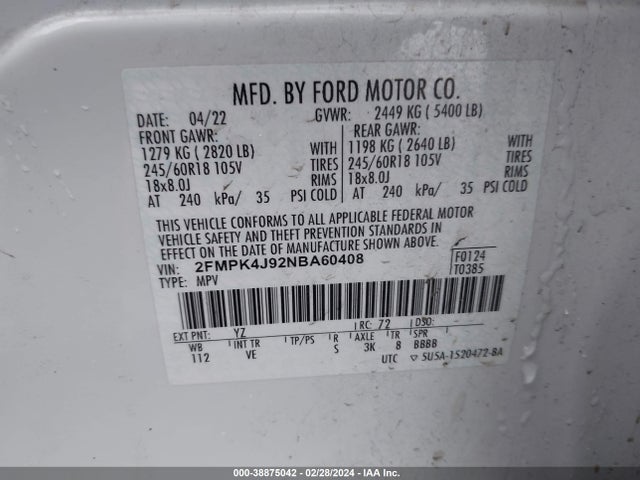 Ford EDGE SEL 2022 2FMPK4J92NBA60408 Image 9