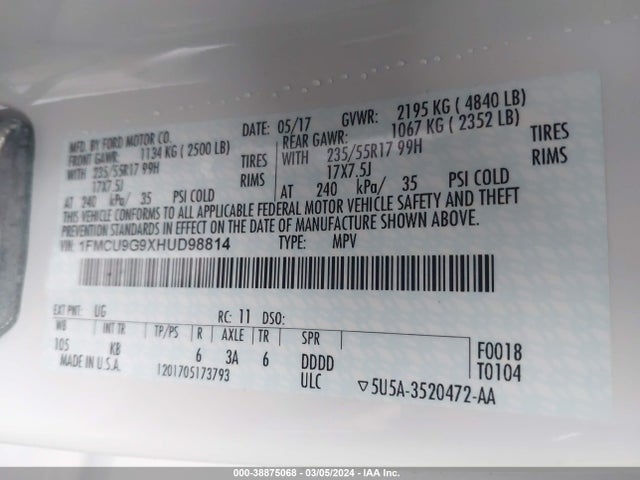 Ford ESCAPE SE 2017 1FMCU9G9XHUD98814 Image 9